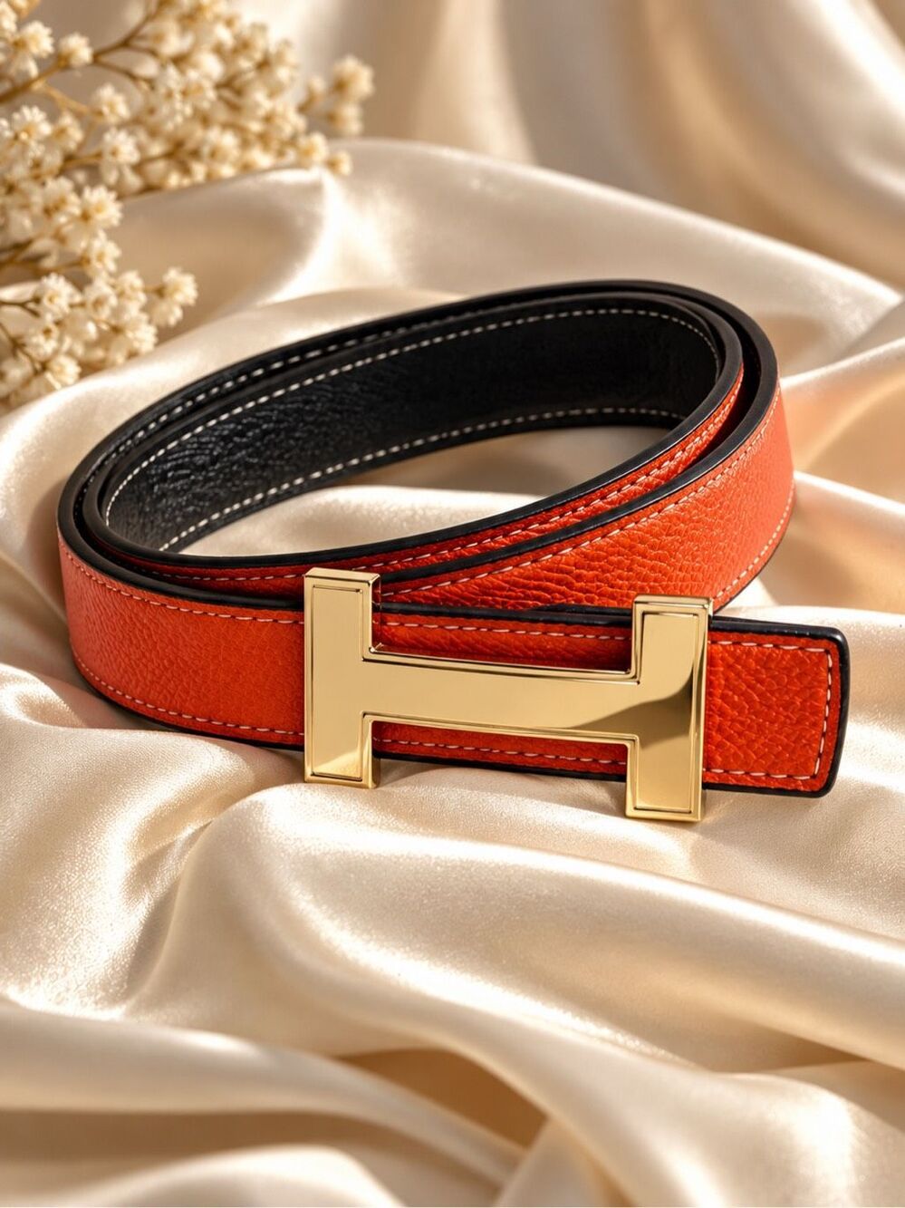 Luxury Vegan Leather Belt Orange Black Reversible Gold H Buckle 43″ Size NWOT